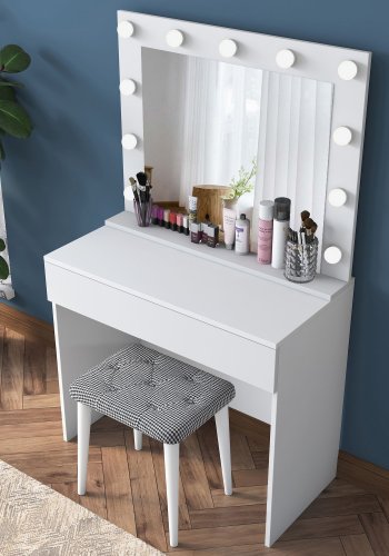 NORDVÄRK BJ121 2934 makeup bord, m. spejl, 11 lysprer, 1 skuffe og skammel - hvid melamin (90x45)