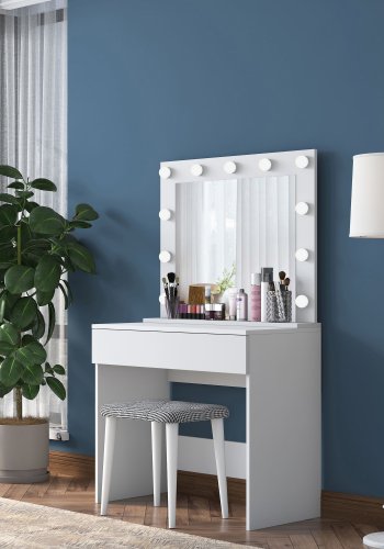 NORDVÄRK BJ121 2934 makeup bord, m. spejl, 11 lysprer, 1 skuffe og skammel - hvid melamin (90x45)