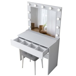 NORDVÄRK BJ121 2934 makeup bord, m. spejl, 11 lysprer, 1 skuffe og skammel - hvid melamin (90x45)