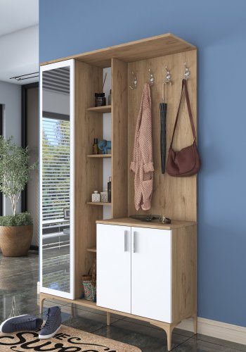 FUNZI LIVING EA109 Eingangsset mit Haken, Spiegel, 3 Türen und 11 Regalen - weißes und braunes Melamin