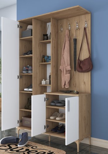 FUNZI LIVING EA109 Eingangsset mit Haken, Spiegel, 3 Türen und 11 Regalen - weißes und braunes Melamin