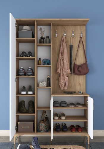 FUNZI LIVING EA109 Eingangsset mit Haken, Spiegel, 3 Türen und 11 Regalen - weißes und braunes Melamin