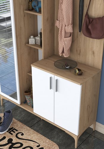 FUNZI LIVING EA109 Eingangsset mit Haken, Spiegel, 3 Türen und 11 Regalen - weißes und braunes Melamin