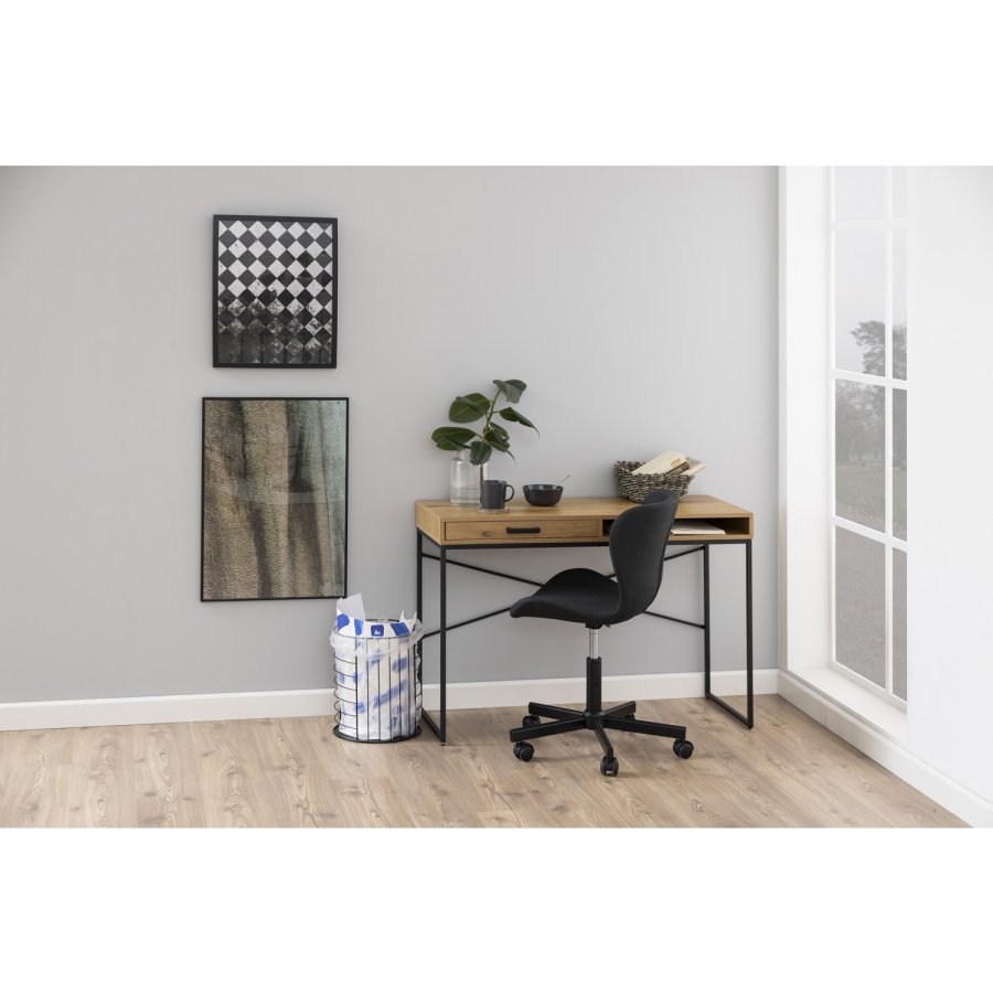 ACT NORDIC Seaford skrivebord, m. 1 hylde og 1 skuffe - papir vild eg sort metal (110x45)