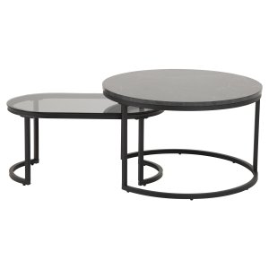 ACT NORDIC Spiro Soffbordsset - Svart Melamin med Marmortryck / Rökfärgat Glas och Svart Metall (Set om 2 cm)