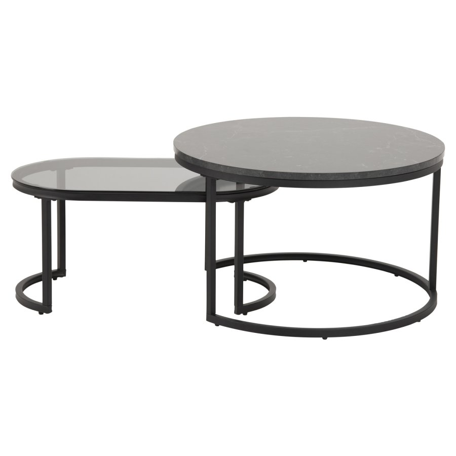 ACT NORDIC Spiro Couchtisch-Set – schwarzes Melamin mit Marmordruck/Rauchglas und schwarzes Metall (2er-Set)