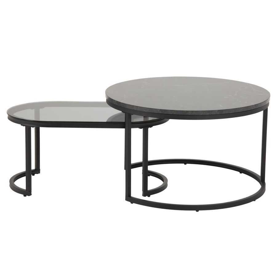 ACT NORDIC Spiro Couchtisch-Set – schwarzes Melamin mit Marmordruck/Rauchglas und schwarzes Metall (2er-Set)