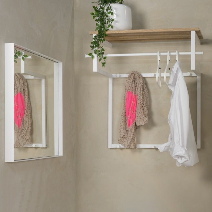 SPINDER DESIGN Rizzoli entropstilling, m. 10 knager, bjlestang og trhylde - hvidt stl og tr