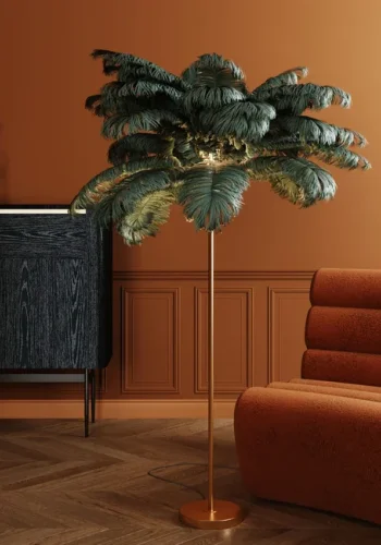 KARE DESIGN Feather Palm gulvlampe - grn strudsefjer og messing stl