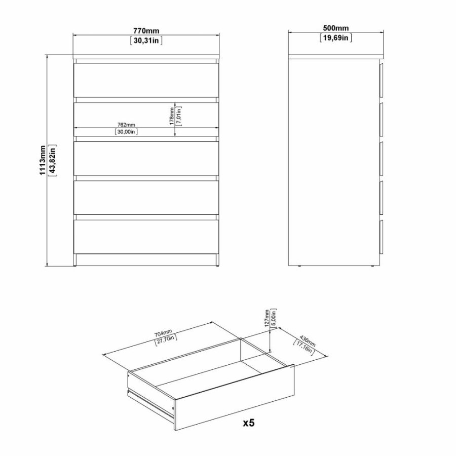 TVILUM Naia kommode, med 5 skuffer - hvit sponplate
