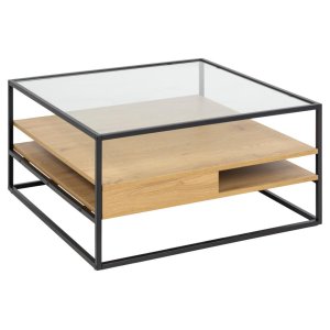 ACT NORDIC Randolf sofabord, m. 2 hylder - klar glas, natur vild eg melamin, mat sort stl (80x80)