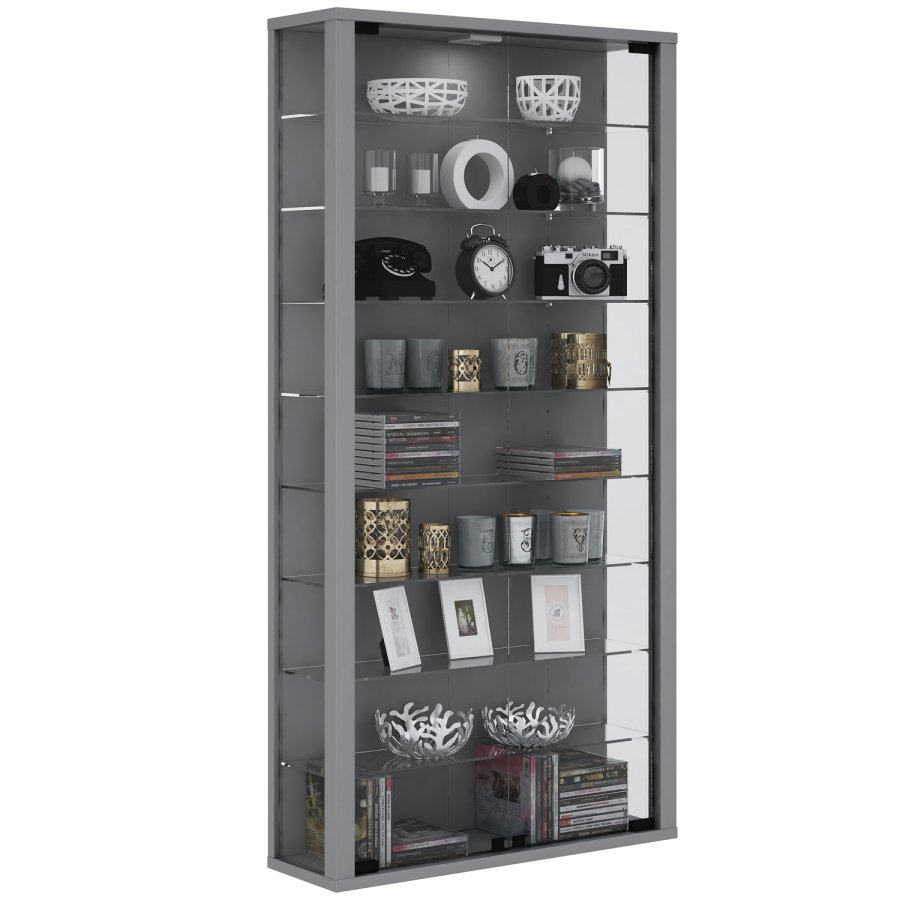 Vitrosa Maxi veggskap uten LED, m. 2 drer og 8 hyller - glass og grtt tre