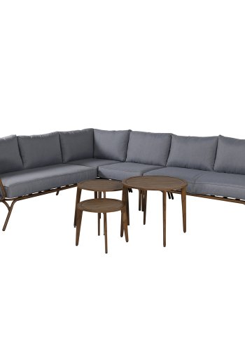 VENTURE DESIGN Roxo hagesofasett, med hjrnesofa, 3 hagebord, puter - grtt tau, brunt aluminium og brunt tre