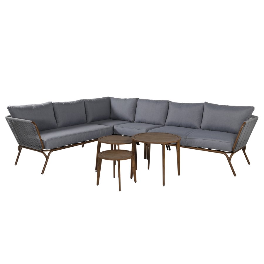 VENTURE DESIGN Roxo hagesofasett, med hjrnesofa, 3 hagebord, puter - grtt tau, brunt aluminium og brunt tre
