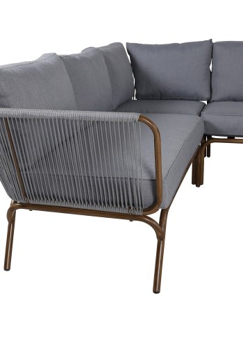 VENTURE DESIGN Roxo hagesofasett, med hjrnesofa, 3 hagebord, puter - grtt tau, brunt aluminium og brunt tre