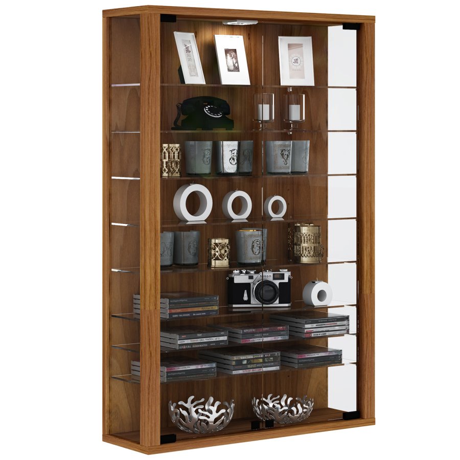 Vitrosa Mini veggskap med LED, m. 2 drer og 8 hyller - glass og naturlig tre