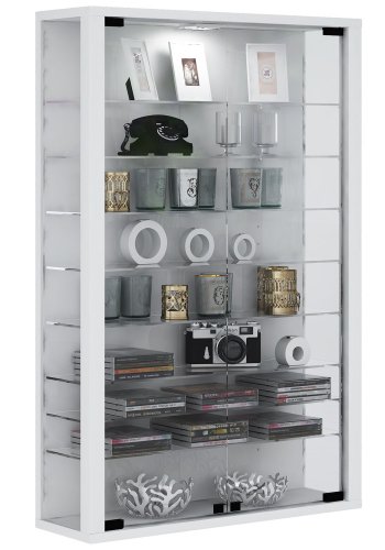 Vitrosa Mini-Wandschrank mit LED, m. 2 T�ren und 8 Einlegeb�den - Glas und wei�es Holz