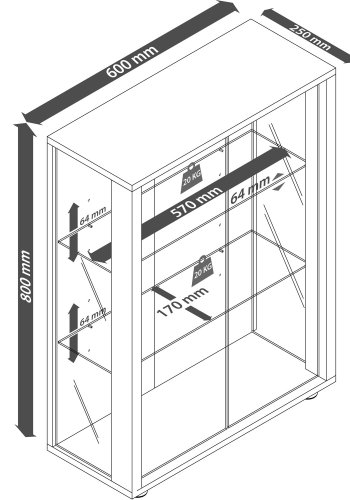 Udina Hängeschrank mit LED, m. 2 Türen und 2 Einlegeböden - Glas und weißes Holz