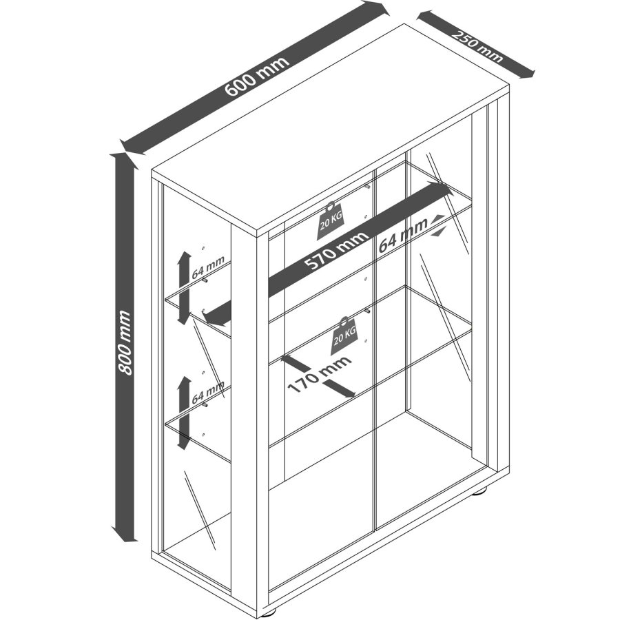 Udina Hängeschrank mit LED, m. 2 Türen und 2 Einlegeböden - Glas und weißes Holz