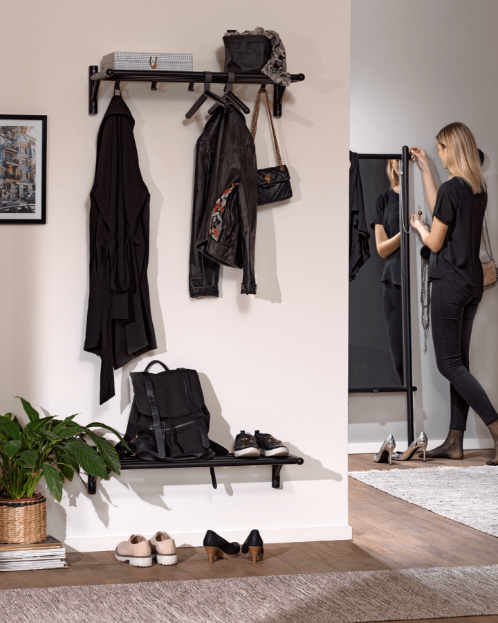 ROWICO rektangulr Milford hattehylde m. 5 knager - sort eg og metal (80cm)