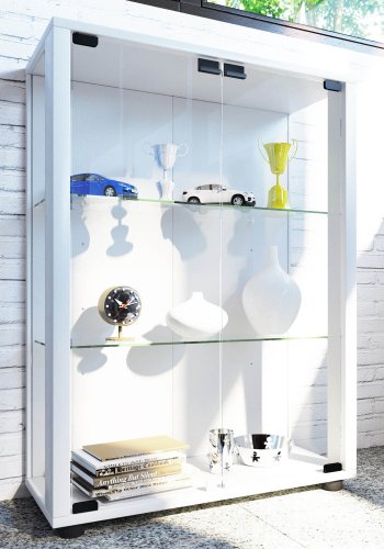 Sintalo skap med LED, m. 2 drer og 2 hyller - glass og hvitt tre