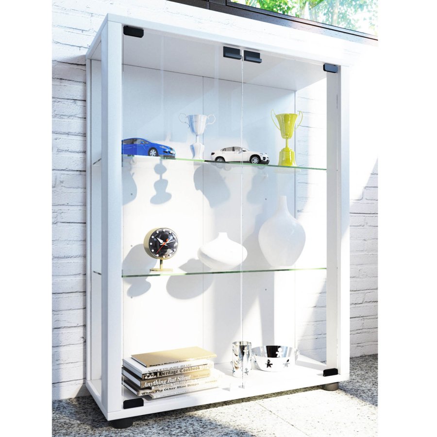 Sintalo skap med LED, m. 2 drer og 2 hyller - glass og hvitt tre