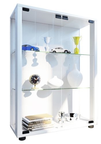 Sintalo skap med LED, m. 2 drer og 2 hyller - glass og hvitt tre