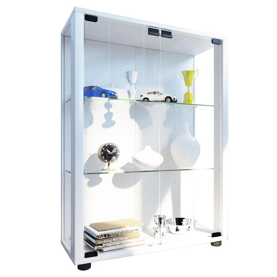 Sintalo skap med LED, m. 2 drer og 2 hyller - glass og hvitt tre