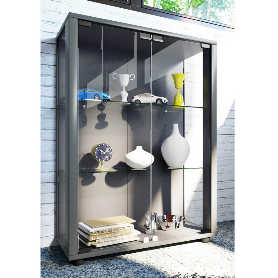 Sintalo skap uten LED, m. 2 drer og 2 hyller - glass og grtt tre