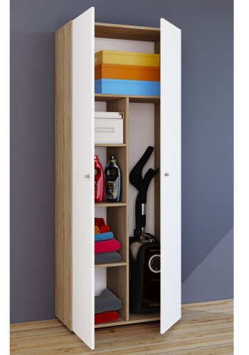 Vandol Il Schrank, mit 2 Türen und 4 Regalen - Weiß und Naturholz