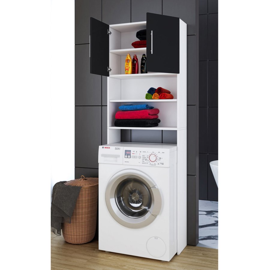 Jutas skap, m. 2 drer og 4 hyller - hvitt og sort tre