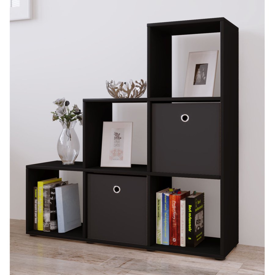 Nitas Bücherregal mit 6 Fächern – schwarzes Holz (H: 104,5 cm x 107,5 cm x 29 cm)