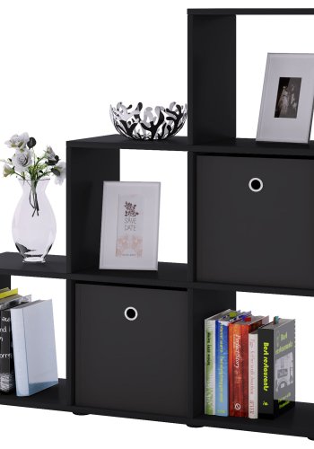 Nitas Bücherregal mit 6 Fächern – schwarzes Holz (H: 104,5 cm x 107,5 cm x 29 cm)