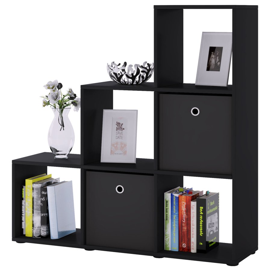 Nitas Bücherregal mit 6 Fächern – schwarzes Holz (H: 104,5 cm x 107,5 cm x 29 cm)