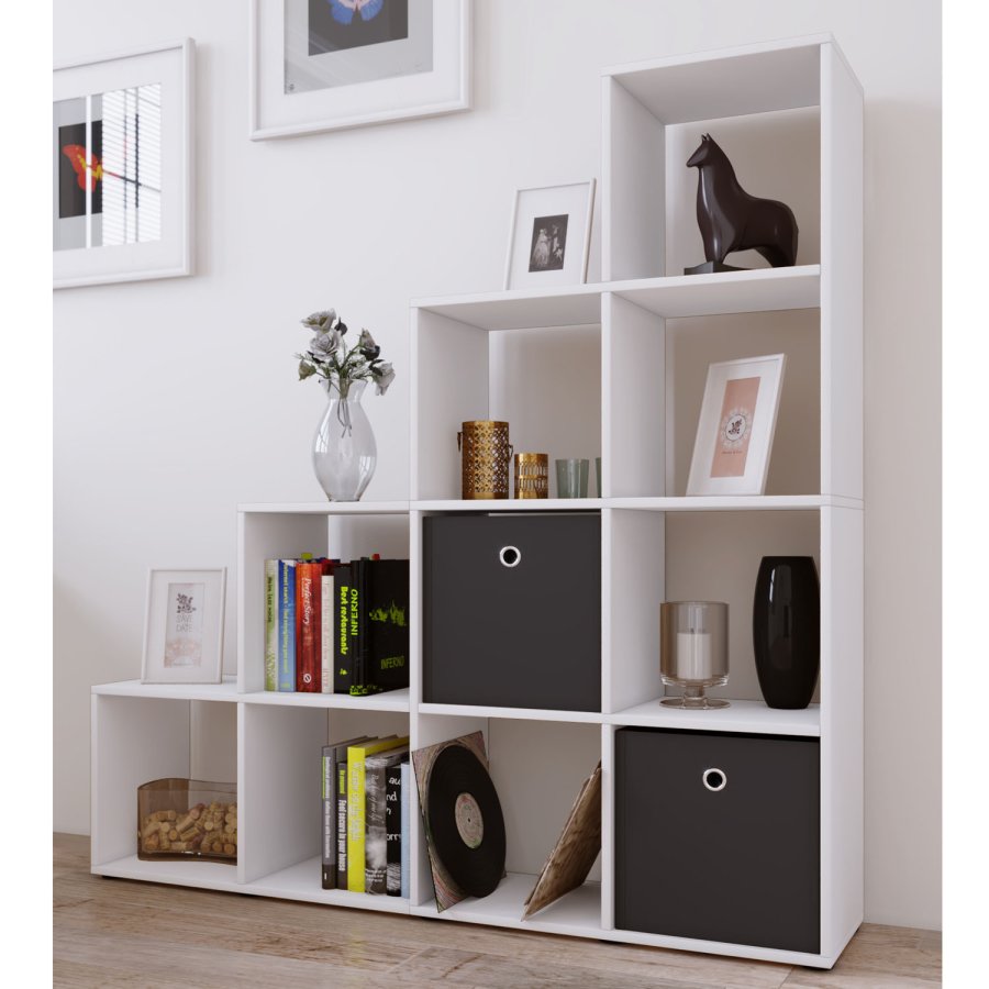 Bücherregal Napoli, 10 Fächer – weißes Holz (H: 138,5 cm x 142,5 cm x 29 cm)