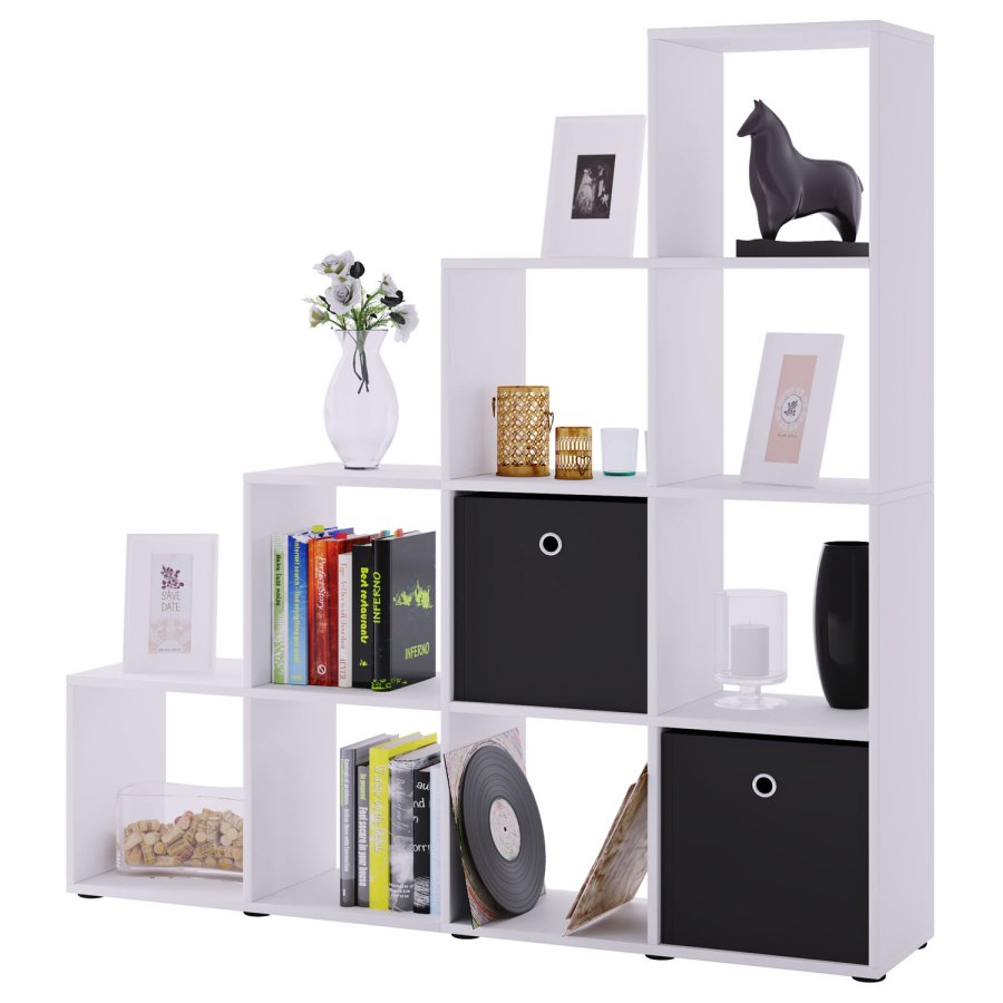 Bücherregal Napoli, 10 Fächer – weißes Holz (H: 138,5 cm x 142,5 cm x 29 cm)