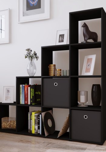 Bücherregal Napoli, 10 Fächer – schwarzes Holz (H: 138,5 cm x 142,5 cm x 29 cm)