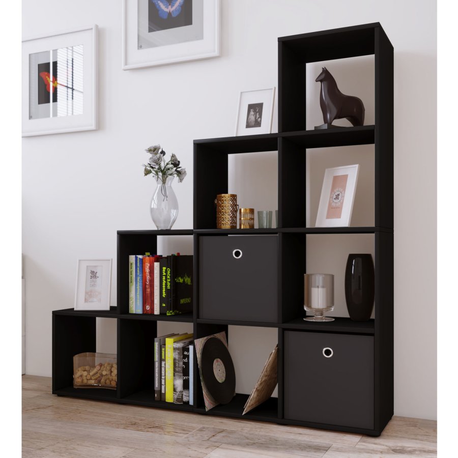 Bücherregal Napoli, 10 Fächer – schwarzes Holz (H: 138,5 cm x 142,5 cm x 29 cm)