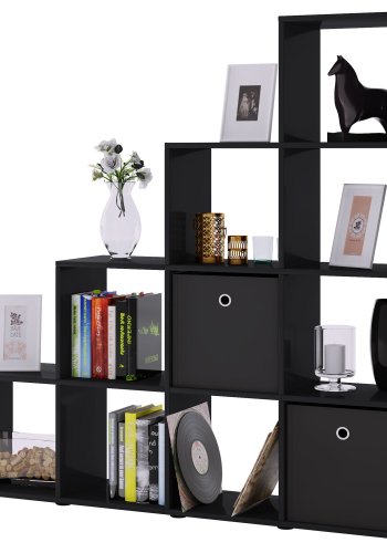 Bücherregal Napoli, 10 Fächer – schwarzes Holz (H: 138,5 cm x 142,5 cm x 29 cm)