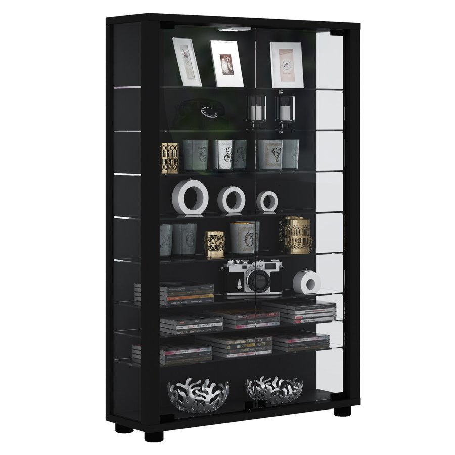 Lumo Minischrank mit LED, m. 2 Türen und 8 Einlegeböden - Glas und schwarzes Holz