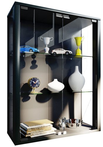 Udina Hngeschrank mit LED, m. 2 Tren und 2 Einlegebden - Glas und schwarzes Holz