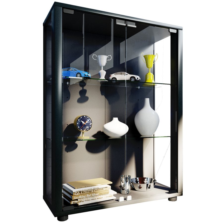 Sintalo skap med LED, m. 2 drer og 2 hyller - glass og sort tre