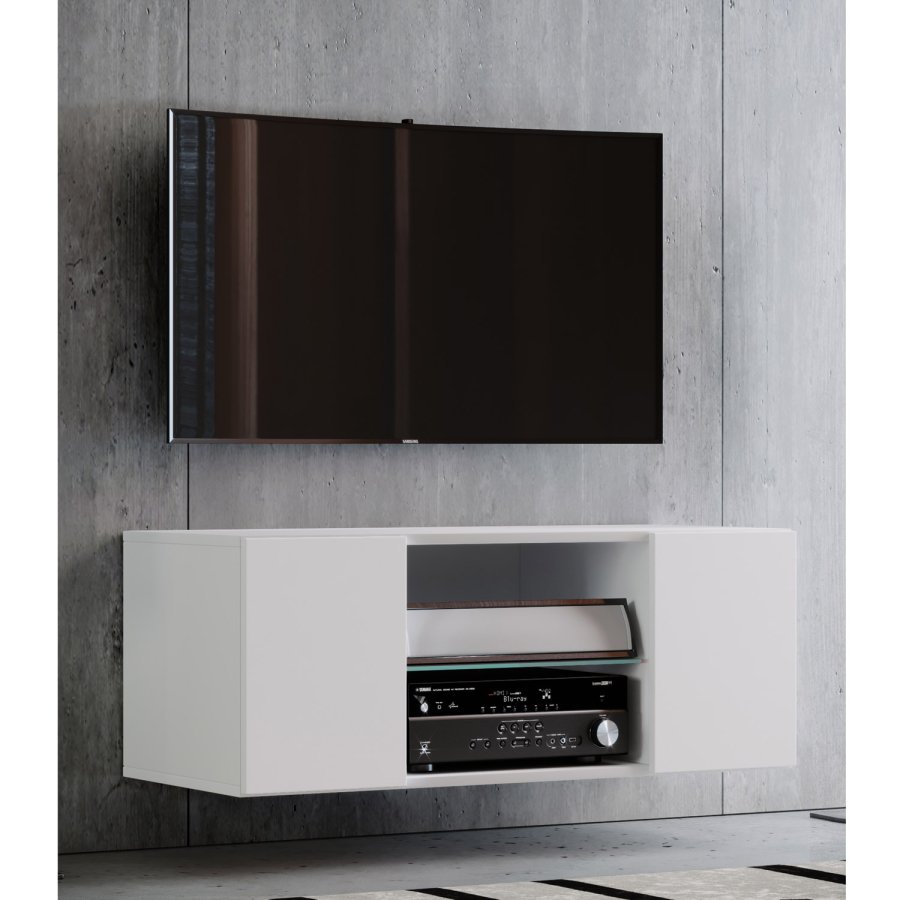 Jusa 95 TV-veggskap, m. 2 drer og 1 hylle - glass og hvitt tre