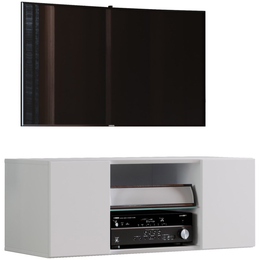 Jusa 95 TV-veggskap, m. 2 drer og 1 hylle - glass og hvitt tre