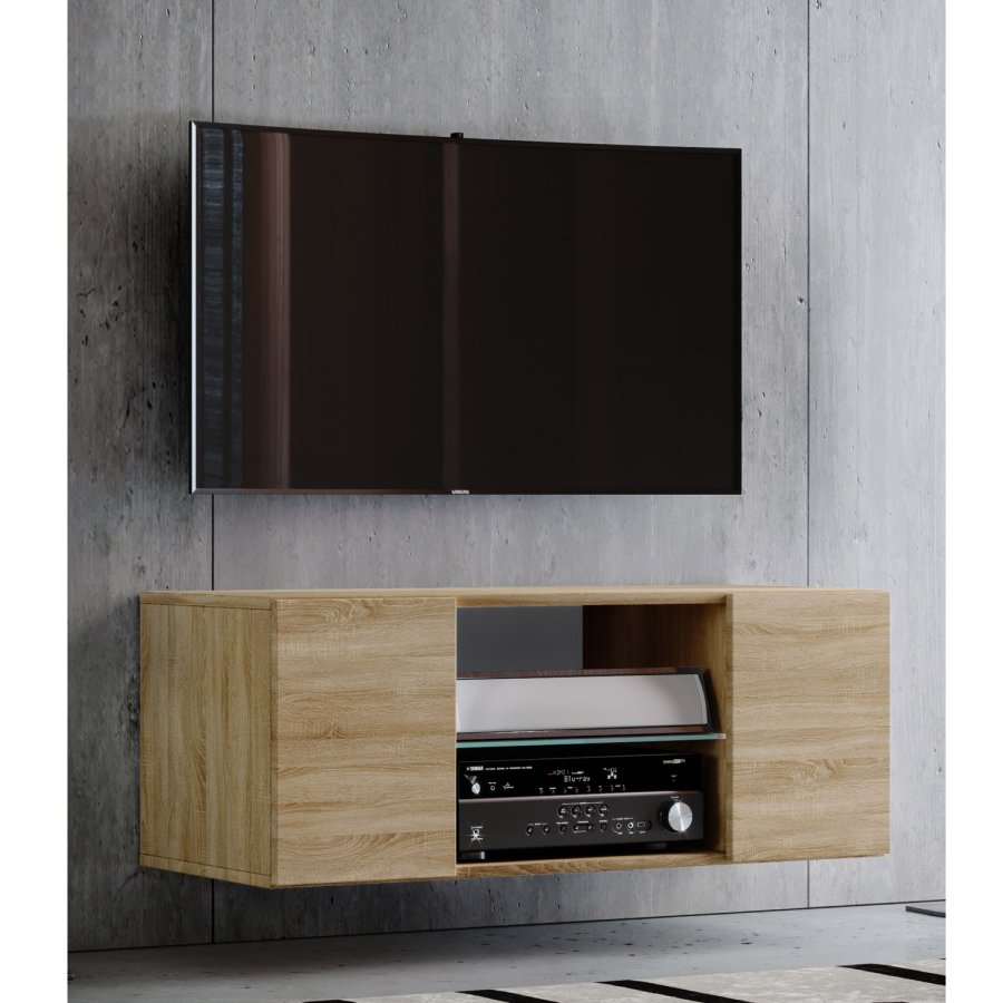 Jusa 95 TV-veggskap, m. 2 drer og 1 hylle - glass og naturlig tre