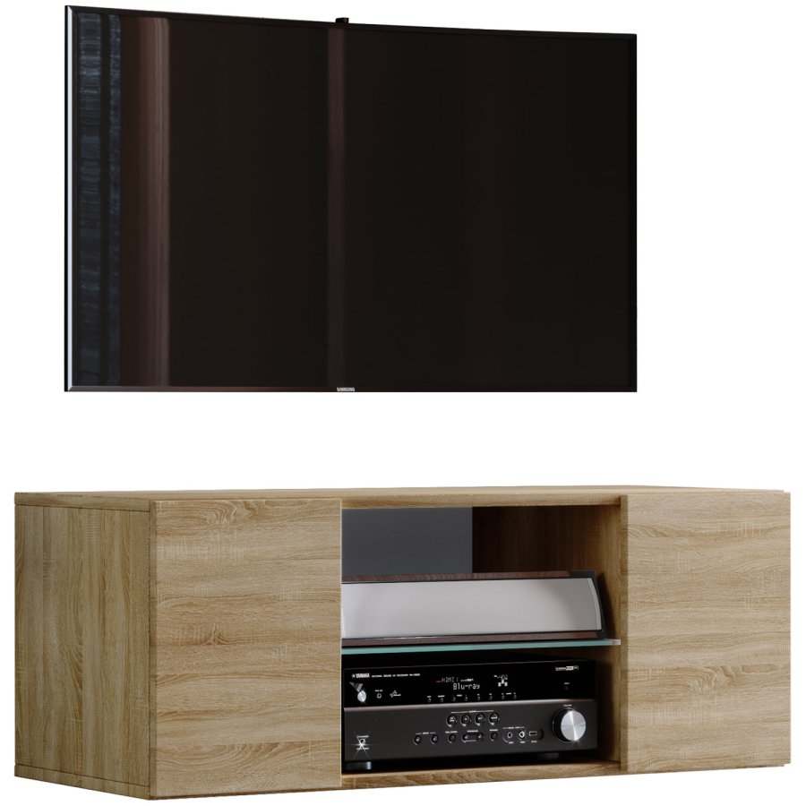 Jusa 95 TV-veggskap, m. 2 drer og 1 hylle - glass og naturlig tre