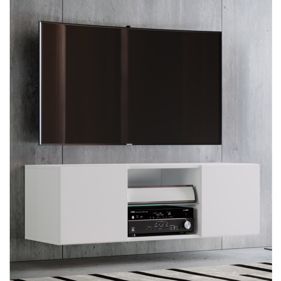 Jusa 115 TV-veggskap, m. 2 drer og 1 hylle - glass og hvitt tre