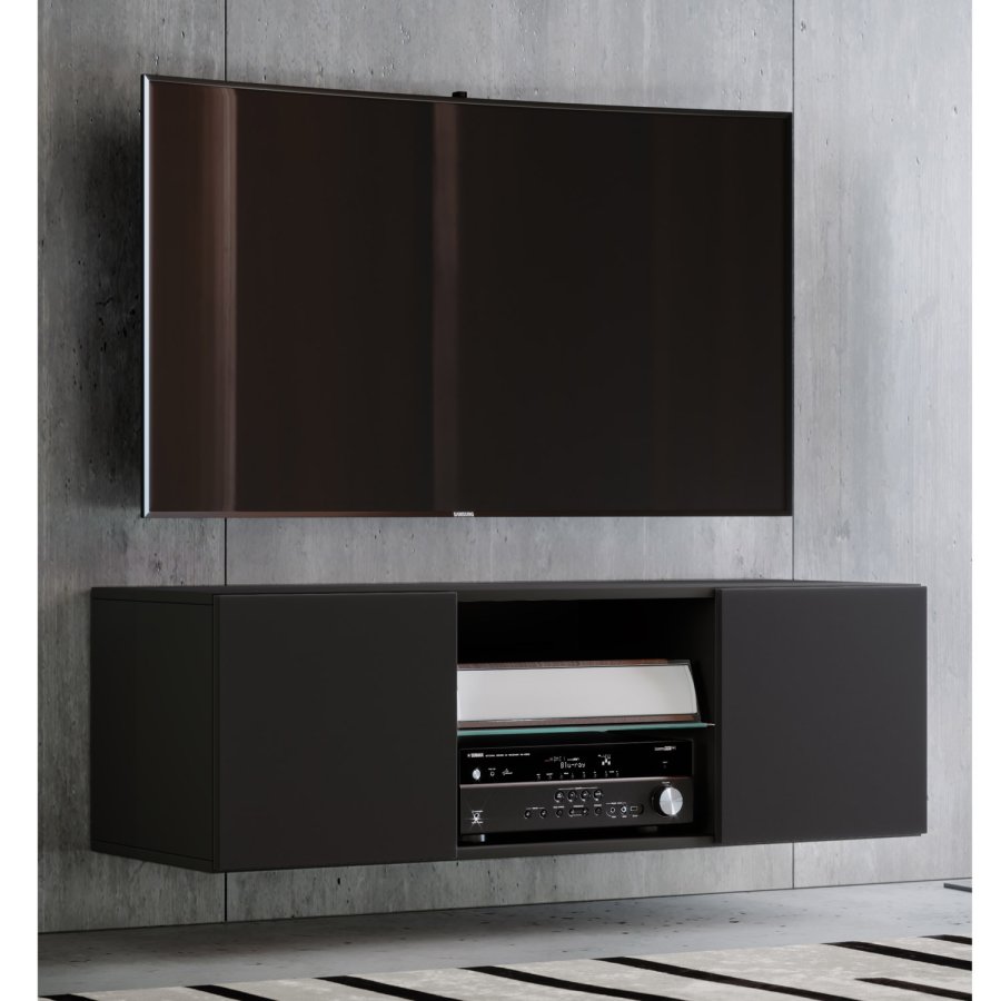 Jusa 115 TV-veggskap, m. 2 drer og 1 hylle - glass og sort tre