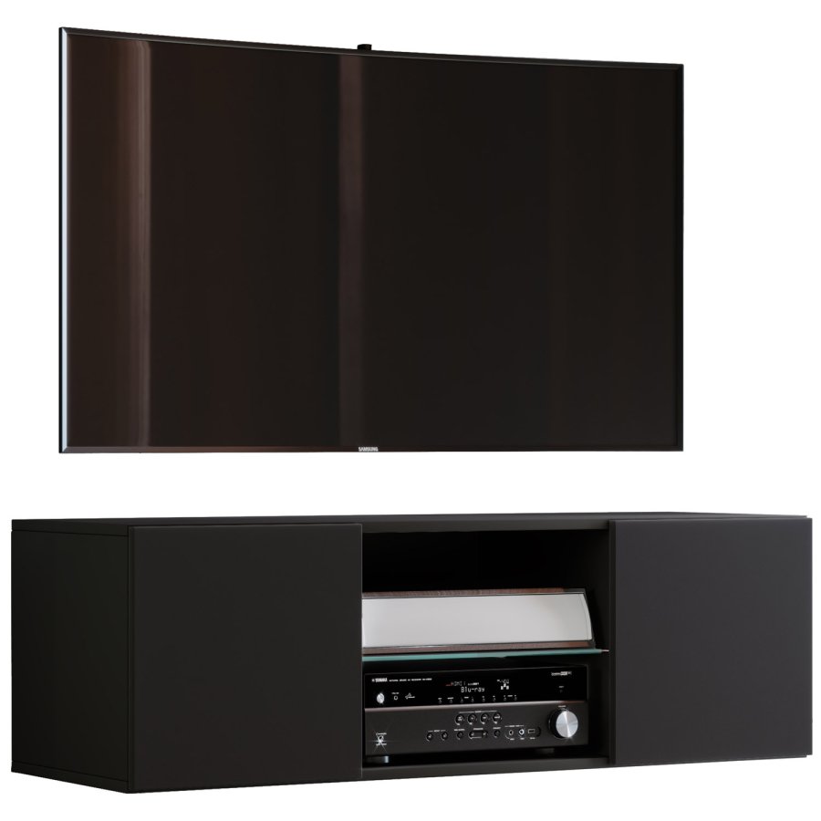 Jusa 115 TV-veggskap, m. 2 drer og 1 hylle - glass og sort tre