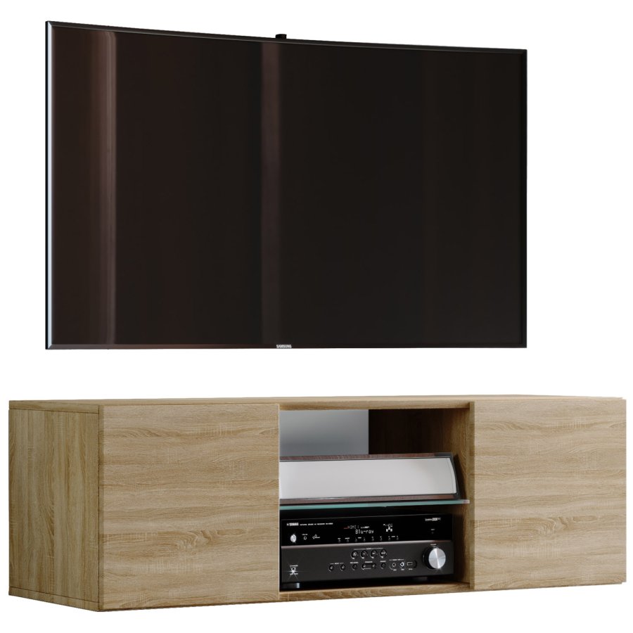 Jusa 115 TV-veggskap, m. 2 drer og 1 hylle - glass og naturlig tre